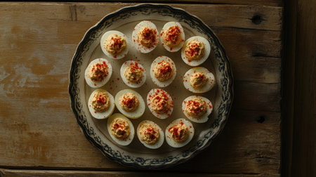 Top view of a platter of deviled eggs garnished with paprika. Copy space available.の素材