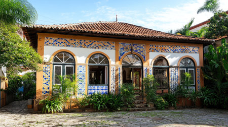 This charming colonial house features colorful tiles and lush greenery, creating a picturesque and inviting atmosphere typical of historical architecture.の素材