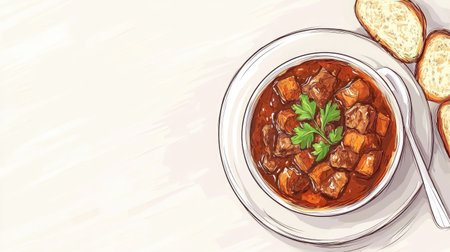 A vibrant bowl of homemade stew with tender meat and vegetables, garnished with fresh parsley, accompanied by slices of bread. Perfect for comfort dining.の素材