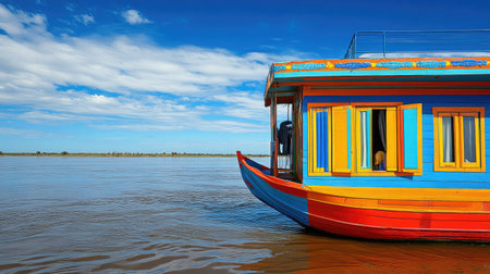 A vibrant and colorful riverboat floats gently on calm water, surrounded by a bright blue sky with scattered clouds, creating a picturesque scene perfect for travel and leisure.の素材