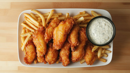A tempting platter of crispy fried chicken wings served with golden French fries and a creamy dipping sauce, perfect for gatherings or a hearty meal.の素材