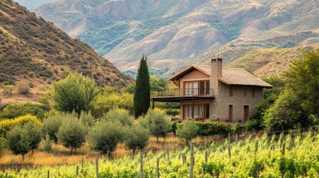 A charming house nestled among lush vineyards and rolling mountains. This scenic landscape captures the essence of peaceful rural life, ideal for tranquility enthusiasts.の素材