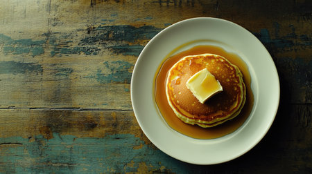 A beautifully presented dish of fluffy pancakes topped with butter and drizzled with rich maple syrup, perfect for a cozy breakfast or brunch setting.の素材