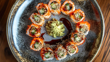 A vibrant sushi platter showcasing carefully crafted rolls with avocado, sesame seeds, and a side of wasabi. Perfect for food lovers and culinary enthusiasts.の素材