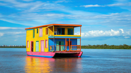 A vibrant floating house stands in calm waters under a bright blue sky. This unique structure adds charm to the scenic landscape, inviting adventure and relaxation.の素材