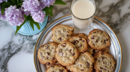 A beautiful arrangement of freshly baked chocolate chip cookies served with a glass of milk, accompanied by a charming floral centerpiece, ideal for a cozy gathering.の素材