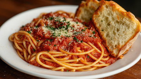 A mouthwatering plate of spaghetti topped with rich marinara sauce and paired with crispy garlic bread, perfect for an Italian meal or cozy dinner.の素材