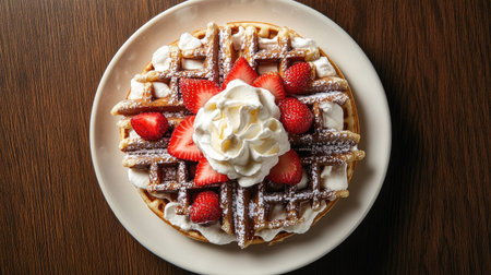 A beautiful homemade waffle topped with fresh strawberries and whipped cream, perfect for breakfast or dessert. Ideal for food lovers and culinary enthusiasts.の素材