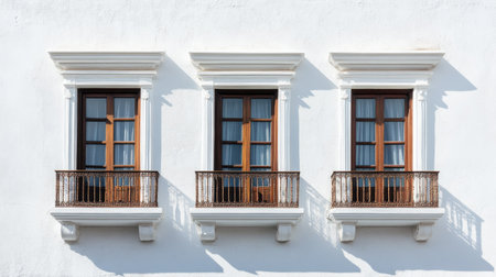 A captivating view of three wooden windows with intricate balconies on a white wall, showcasing elegance and charm in architectural design.の素材