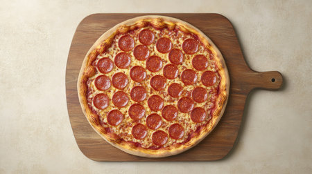 A mouthwatering pepperoni pizza freshly baked on a wooden peel, showcasing a perfect blend of cheese and pepperoni. Ideal for food lovers and culinary enthusiasts.の素材