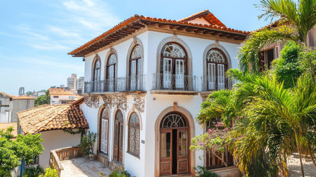 A charming colonial style house featuring a detailed facade, vibrant balconies, and lush greenery in a sunny urban setting. Perfect for architectural themes.の素材