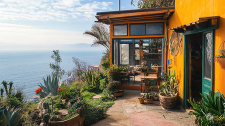A vibrant coastal cottage nestled amongst lush greenery, offering stunning ocean views. Perfect for relaxation, travel inspiration, and serene outdoor living.の素材