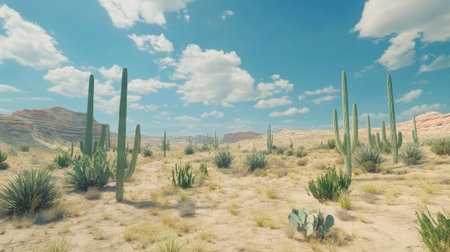 A stunning desert landscape showcasing tall cacti under a bright blue sky with fluffy clouds. This serene environment highlights the beauty of nature's arid terrain.の素材
