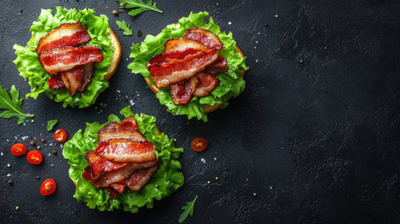 Three delicious bacon lettuce sandwiches showcase crispy bacon atop fresh green lettuce, presenting a vibrant meal perfect for snacks or lunch occasions.の素材