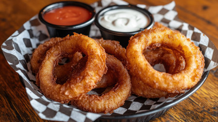 Enjoy these crispy golden onion rings served with tangy ketchup and creamy ranch. Perfect as an appetizer or snack for sharing with friends!の素材