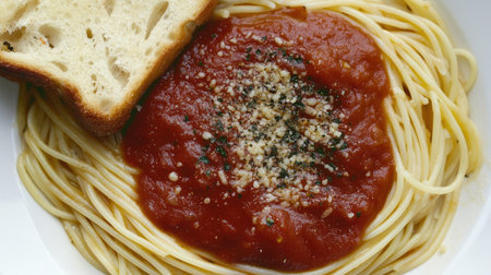A tempting plate of spaghetti topped with rich tomato sauce and fresh herbs, served with a slice of crusty bread. Ideal for meal inspiration and cozy dining.の素材