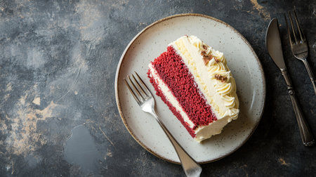 A mouthwatering slice of red velvet cake topped with creamy frosting, served on a rustic plate alongside silver forks, perfect for any celebration or dessert lover.の素材