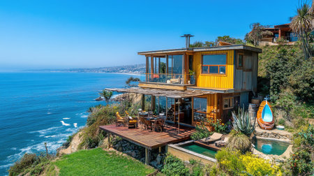 A stunning modern coastal home featuring a panoramic ocean view, vibrant sunshine, and elegant outdoor spaces perfect for relaxation and enjoyment.の素材