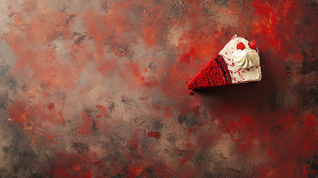 A mouthwatering slice of red velvet cake topped with cream cheese frosting and a cherry sits on a rustic textured background, perfect for dessert lovers.の素材