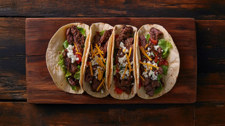 A vibrant display of freshly made soft tacos filled with seasoned beef, crisp lettuce, and savory cheese, perfect for any meal or gathering.の素材