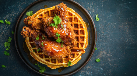 Enjoy a delicious serving of fried chicken on fluffy waffles, drizzled with maple syrup and garnished with fresh herbs, perfect for any meal.の素材