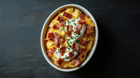 A savory creamy potato bake topped with crispy bacon and fresh chives, perfect for any meal. Ideal for comfort food lovers seeking rich flavors.の素材