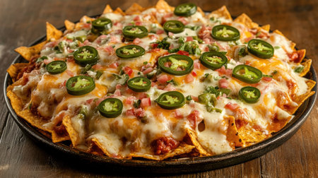 This vibrant image features a mouthwatering platter of nachos topped with melted cheese, and fresh herbs, perfect for any gathering or snack time.の素材