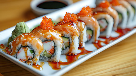 Delight in the vibrant presentation of sushi rolls topped with fresh fish roe and sauces. Perfect for food enthusiasts and culinary artists.の素材