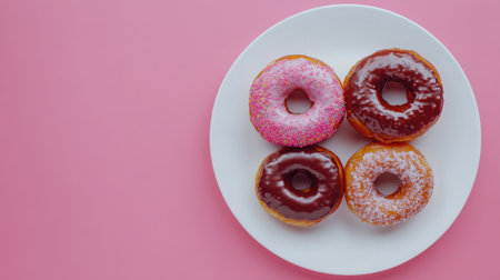 A tempting display of colorful donuts with chocolate and sprinkles on a round plate against a pink background, showcasing an inviting dessert option.の素材