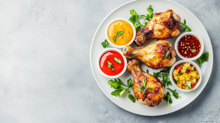 A plate of grilled chicken drumsticks served with a variety of vibrant dipping sauces, garnished with fresh herbs. Perfect for any meal or gathering.の素材