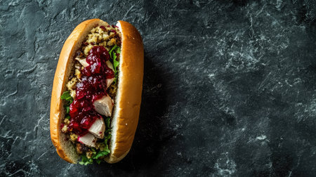 A mouthwatering sandwich featuring turkey, stuffing, and cranberry sauce nestled in a soft bun, perfect for any meal or festive occasion.の素材