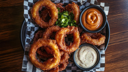 Enjoy a plate of crispy fried onion rings served with tangy dipping sauces, perfect for any meal or gathering. Ideal as an appetizer or snack.の素材