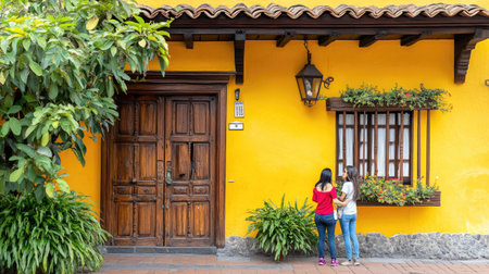 Two women enjoy a moment by a vibrant yellow house featuring a wooden door and window surrounded by lush plants, showcasing local architecture and culture.の素材