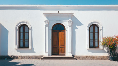 This image showcases a stunning white building facade featuring a wooden door and beautiful arched windows, bathed in warm sunlight. Ideal for architectural themes.の素材