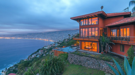 A stunning coastal home perched on a hillside, offering breathtaking views of the ocean and city lights at dusk. The modern architecture and inviting atmosphere create a perfect getaway.の素材