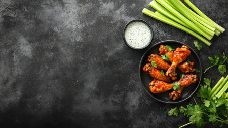 This image features juicy chicken wings on a black plate alongside fresh celery and a creamy dip. The vibrant colors and textures create an appetizing presentation.の素材
