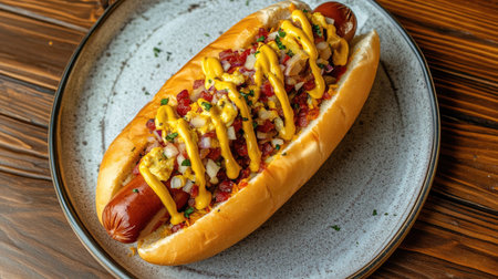 A mouthwatering hot dog topped with mustard and fresh toppings served on a rustic plate, perfect for casual dining or summer gatherings.の素材