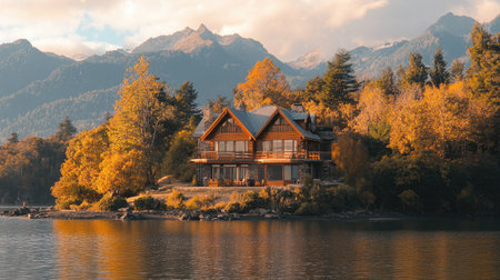 A serene lakeside house nestled among vibrant autumn trees, reflecting on calm water. This picturesque retreat invites relaxation and outdoor enjoyment in nature.の素材