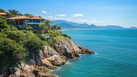 Captivating seaside view showcasing lush greenery, rocky coastline, and distant mountains under a clear blue sky, perfect for representing tranquility and vacation.の素材