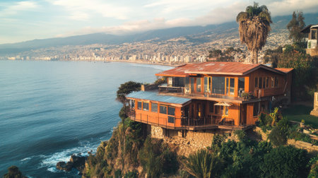 This stunning coastal house offers breathtaking views of the ocean at sunset, showcasing beautiful architecture and a serene environment perfect for relaxation and vacation.の素材