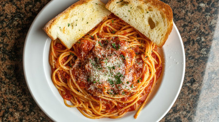 A delightful serving of spaghetti topped with rich tomato sauce and sprinkled with cheese, accompanied by slices of golden garlic bread, perfect for any meal.の素材