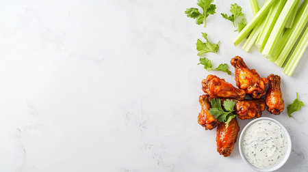 A vibrant arrangement featuring fresh chicken wings, crisp celery, and a flavorful dipping sauce. Perfect for gatherings, parties, or casual lunches.の素材