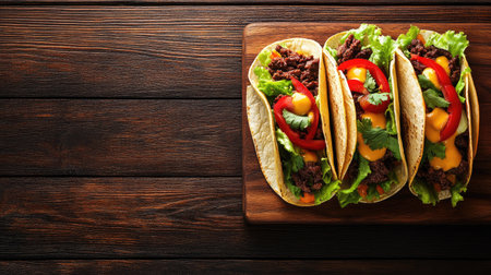 Enjoy a vibrant and appetizing display of delicious tacos filled with fresh vegetables and savory beef, perfect for any meal or gathering.の素材