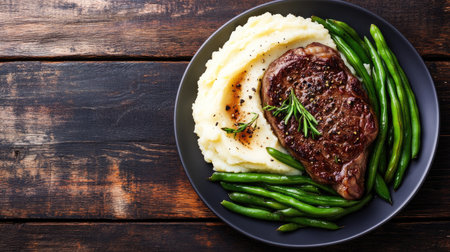A mouthwatering plate featuring grilled steak, silky mashed potatoes, and vibrant green beans, perfect for a family dinner or special occasion.の素材