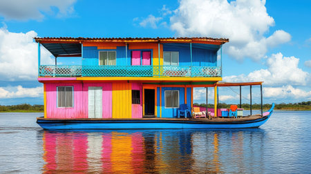 A vibrant houseboat floats serenely on calm water under a bright blue sky. This unique architectural gem features bold colors and playful design, perfect for travel and leisure.の素材