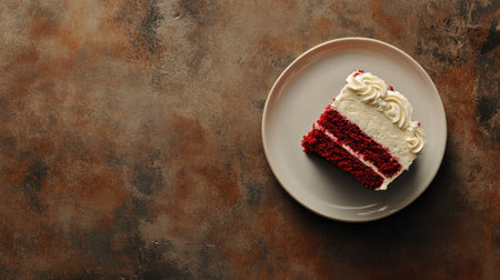 A tantalizing slice of red velvet cake topped with creamy frosting rests on a neutral plate. Perfect for celebrations, this dessert delights with rich flavors.の素材