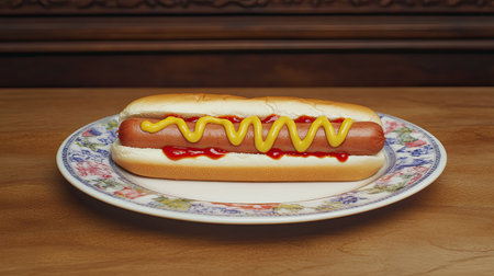 A beautifully arranged classic hot dog topped with ketchup and mustard, served on a decorative plate. Perfect for summer gatherings, picnics, or food photography.の素材