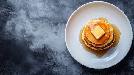 A tempting stack of fluffy pancakes topped with a pat of butter and drenched in rich maple syrup, perfect for breakfast or brunch.の素材