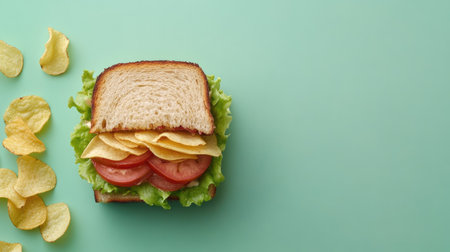 This image showcases a fresh sandwich layered with lettuce, tomato, and chips on a serene green background, perfect for food-related projects.の素材