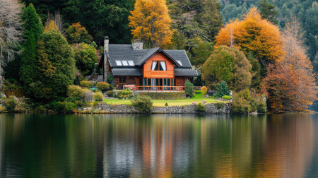 A serene cabin by a tranquil lake, embraced by vibrant autumn foliage, creates a picturesque scene perfect for relaxation and escape into nature's beauty.の素材